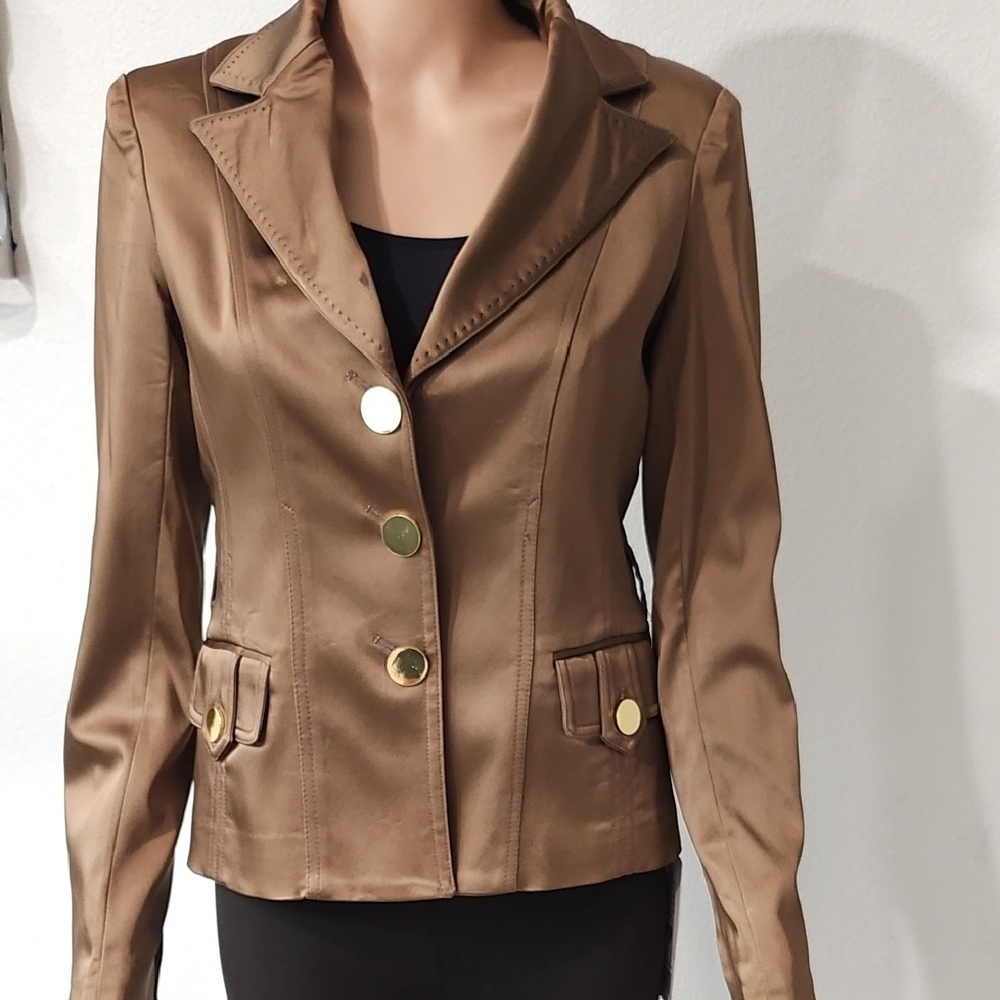 Caché Bronze Satin Metallic Blazer Gold Buttons Size S